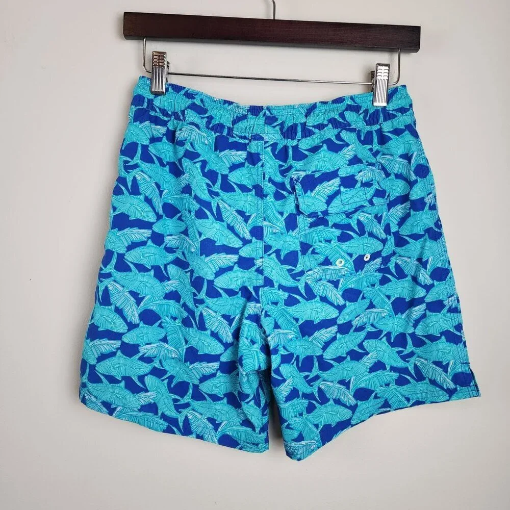 Vineyard Vines Boy M Blue Tropical Leaf Swim Trunks  Elastic Waist Drawstring
